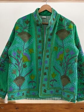 Embroidered Green Women's Jacket - Boho Floral